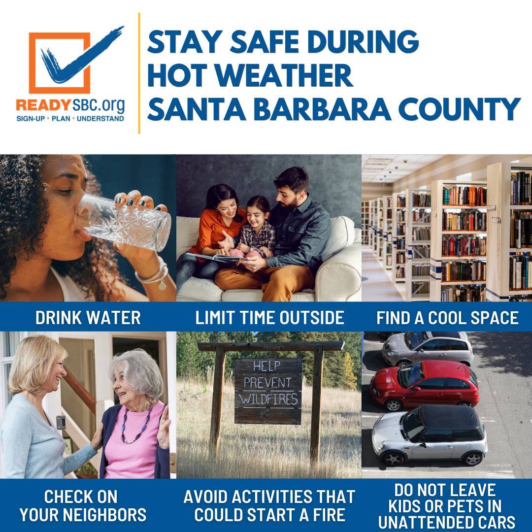 countyofsb's tweet photo. Stay safe during hot weather in Santa Barbara County ☀️🌡️
Drink water 💧 Limit time outside 🚶 Find a cool space ❄️ Check on neighbors 🤝 Avoid activities that could start a fire 🔥Never leave kids or pets in cars 🚗🐾
For more information, visit https://t.co/7oAZaSLclj. https://t.co/4rrZBwwY8G