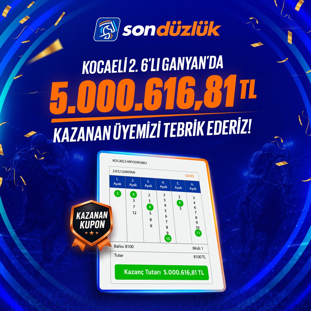 sonduzluk's tweet photo. 💰 5.000.616,81₺

🎉 Başarılı tahminleriyle Kocaeli 2. 6'lı Ganyan'da kazanan üyemizi tebrik ederiz.

🏇6'lı Ganyan kuponlarına 100.000 TL'ye varan ek kazanç Son Düzlük'te! https://t.co/YIf2lvmnPZ