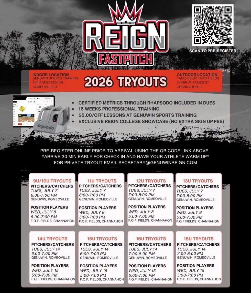 GenuwinReignSP's tweet photo. GenuWin Reign 15u SP is looking for an A level pitcher and catcher for the upcoming season. Come check us out at tryouts tonight from 6-7 at our GenuWin facility! Any questions, call or text Coach Steve Proutsos at 708-250-2983. https://t.co/w0ffXHcnfG