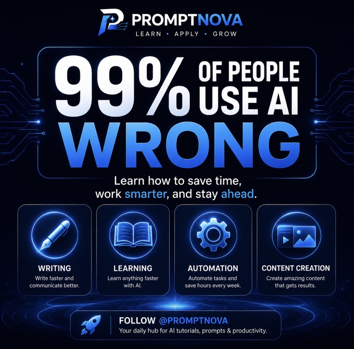 SocialSparrow18's tweet photo. 🚨 99% of people use AI the wrong way.
The top 1% use AI to save time, learn faster, and work smarter.
🚀 Follow @PromptNova for daily AI tips, prompts &amp; tools.
💬 What’s your favorite AI tool?
#AI #ChatGPT #AITools #ArtificialIntelligence #Productivity #Automation #LearnAI #Tech https://t.co/A8a00sHWp2