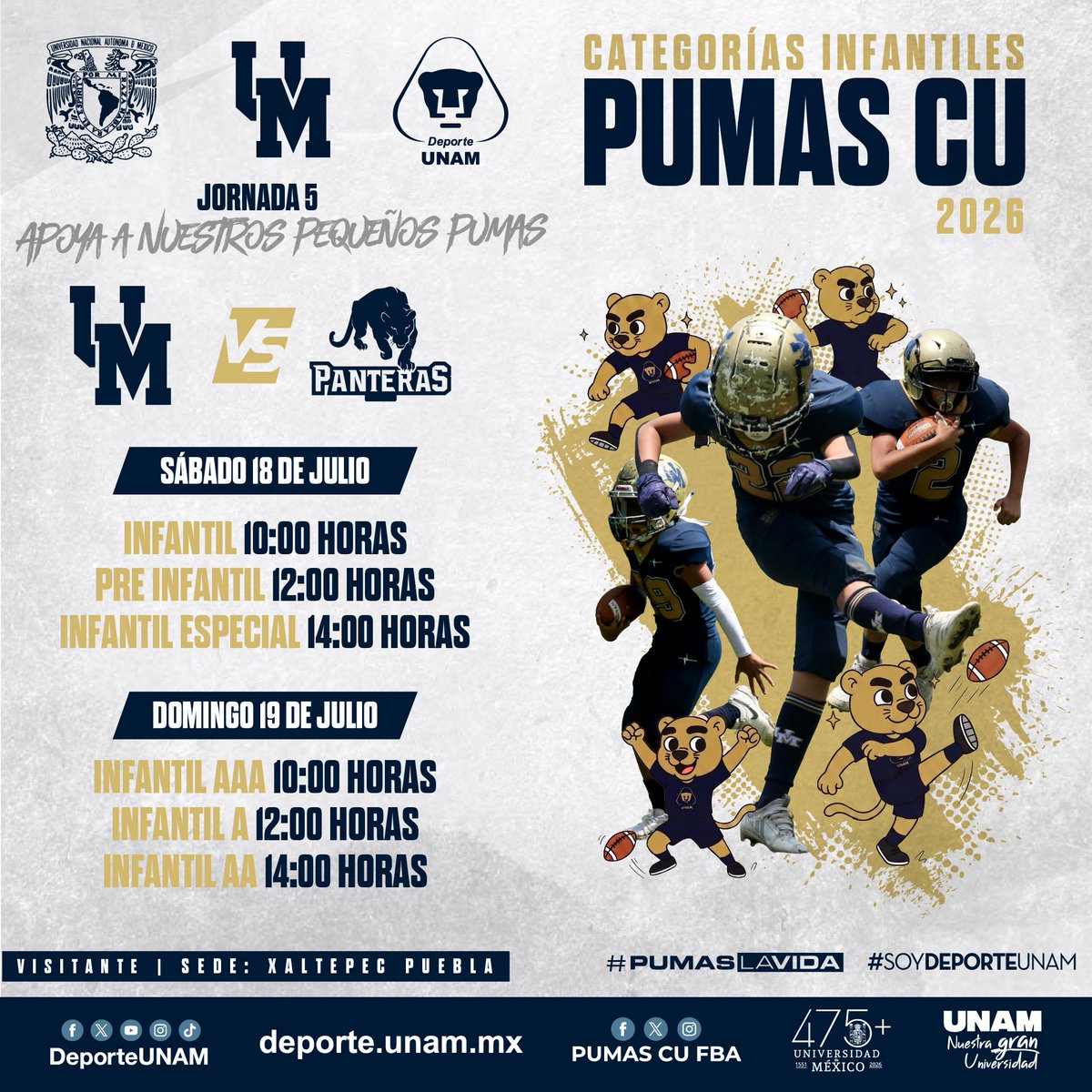 PumasCU_fba's tweet photo. 🏈 Acompaña este 2026 a nuestros pequeños pumas. 
🐾Las categorías infantiles de Pumas CU se enfrentan en la Jornada 5 a las Panteras Puebla. 

Armados de gran valor. 💙💛

#PumasLaVida #SoyDeporteUNAM https://t.co/h876vf43Yo
