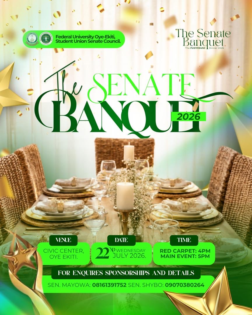 Fuoye_susc's tweet photo. The gavel may rest, but the memories deserve a grand finale. ✨  
    Join us at the Senate Banquet 2026—an evening where excellence meets elegance, service is celebrated, and unforgettable memories are made. 🥂💚  We can’t wait to celebrate with you. https://t.co/rSTCU1TKxS