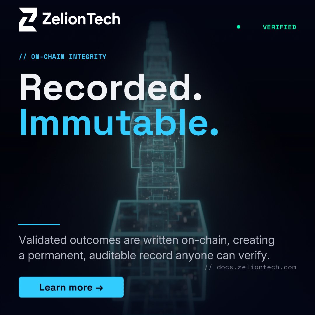zelion_tech's tweet photo. Recorded. Immutable.
Every verified result is written on-chain, creating a permanent, transparent, and auditable record that anyone can verify.
Trust isn't promised—it's proven.
#ZelionTech #Blockchain #Web3 #OnChain #Crypto #DataIntegrity https://t.co/Eh9dcnkY3t