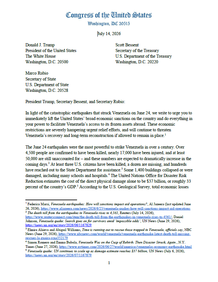 frrodriguezc's tweet photo. Fourteen members of Congress ask President Trump to lift broad economic sanctions on Venezuela and allow the country to access frozen assets needed for earthquake relief efforts and reconstruction. https://t.co/J0RrbVpGih