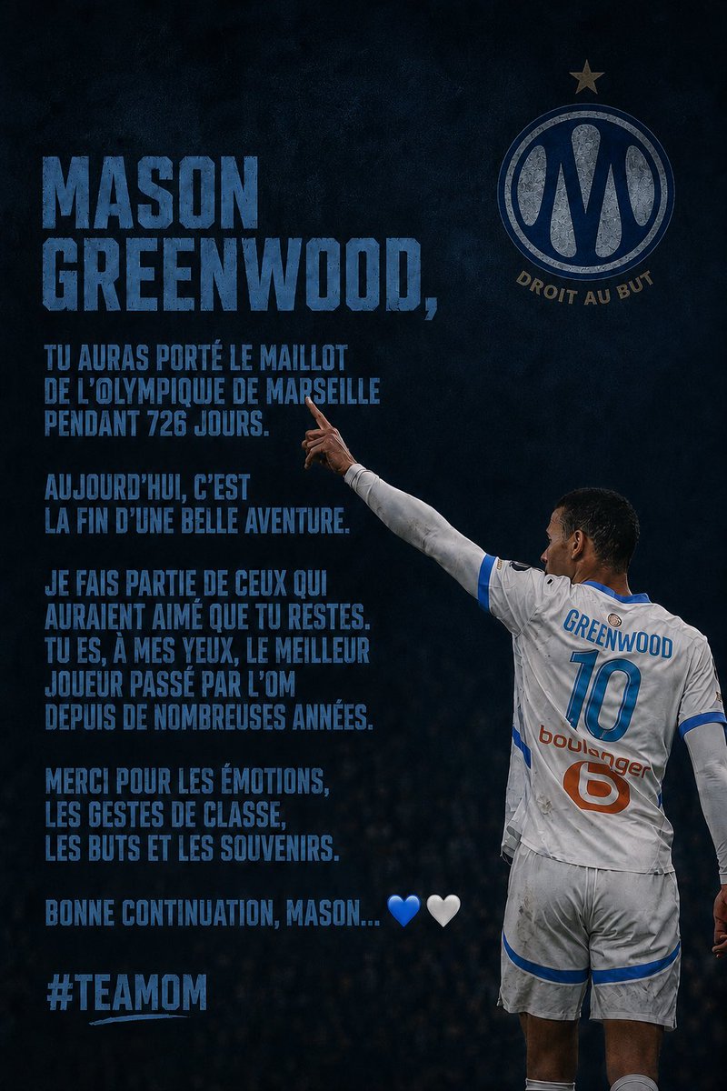 JahMafia_Fr's tweet photo. 😔Jour 726

Mason Greenwood, 

Tu auras porté le maillot de l'@OM_Officiel pendant 726 jours. Aujourd'hui, c'est la fin d'une belle aventure…

#TeamOM https://t.co/NAkWup8evu