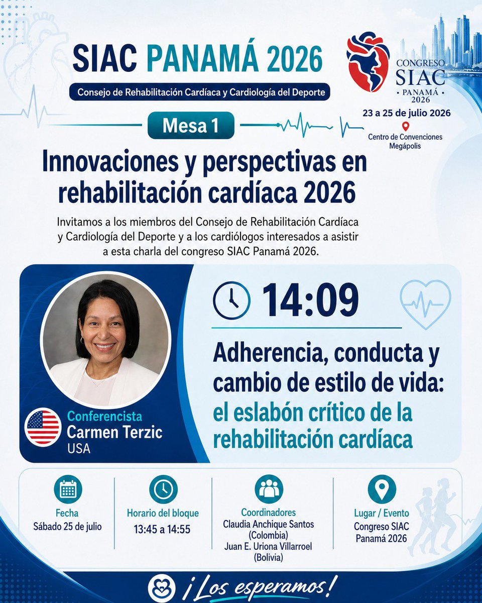 RehabCardSIAC's tweet photo. En cuenta regresiva para el Congreso SIAC Panamá 🇵🇦

El Consejo de Rehabilitación Cardiaca presentará

Mesa 1: Innovaciones y perspectivas de la rehabilitación cardiaca 2026 👩‍💻

Mesa 2: Prevención Cardiovascular y ejercicio 🫀🏃🏻‍♀️

@SIAC_cardio @ClaudiaAnchique @csanti4 https://t.co/Hb4PpPRfcz
