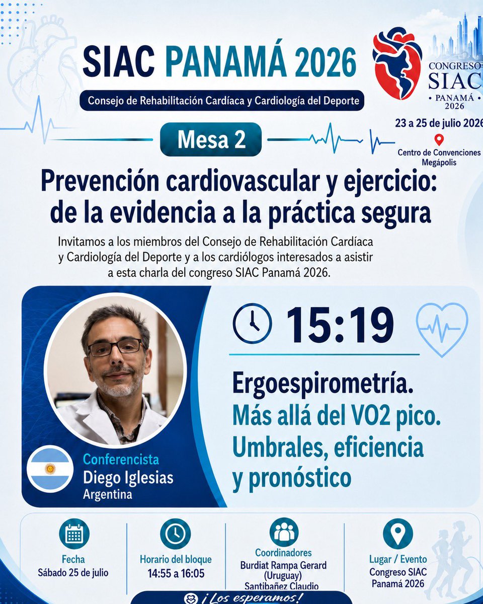 RehabCardSIAC's tweet photo. En cuenta regresiva para el Congreso SIAC Panamá 🇵🇦

El Consejo de Rehabilitación Cardiaca presentará

Mesa 1: Innovaciones y perspectivas de la rehabilitación cardiaca 2026 👩‍💻

Mesa 2: Prevención Cardiovascular y ejercicio 🫀🏃🏻‍♀️

@SIAC_cardio @ClaudiaAnchique @csanti4 https://t.co/Hb4PpPRfcz