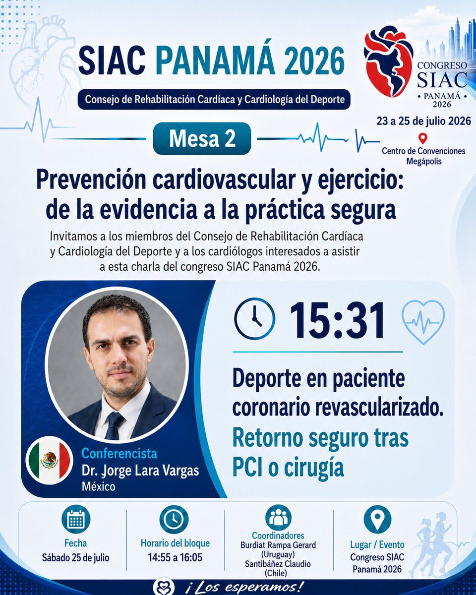 RehabCardSIAC's tweet photo. En cuenta regresiva para el Congreso SIAC Panamá 🇵🇦

El Consejo de Rehabilitación Cardiaca presentará

Mesa 1: Innovaciones y perspectivas de la rehabilitación cardiaca 2026 👩‍💻

Mesa 2: Prevención Cardiovascular y ejercicio 🫀🏃🏻‍♀️

@SIAC_cardio @ClaudiaAnchique @csanti4 https://t.co/Hb4PpPRfcz