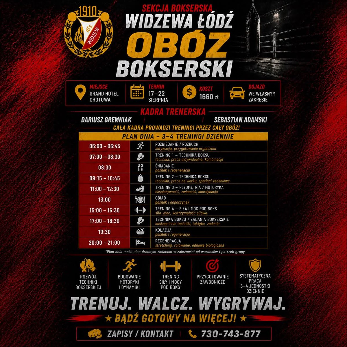 Widzew_Boks's tweet photo. OBÓZ SEKCJI BOKSERSKIEJ WIDZEWA ŁÓDŹ 2026! 🥊

Sześć dni intensywnej pracy, 3–4 treningi dziennie, rozwój techniki, motoryki, siły i przygotowania zawodniczego. To doskonała okazja, by wejść na wyższy poziom i trenować w sportowej atmosferze pod okiem doświadczonej kadry. https://t.co/d5KuPyUeC0