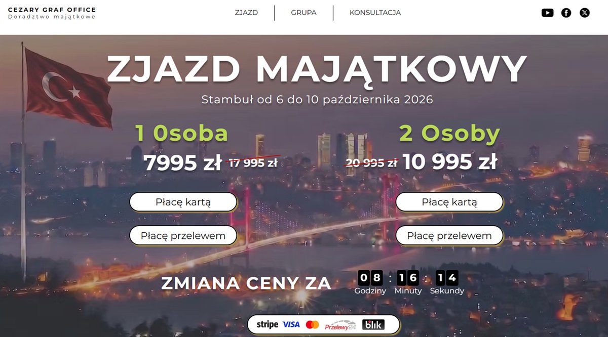 CezaryGraf's tweet photo. Zapraszam w październiku 2026 na ZJAZD MAJĄTKOWY do 🇹🇷 Stambułu oraz do GRUPY MAJĄTKOWEJ Cezary Graf

W grupie jest już 317 osób  

Szczegóły, korzyści oraz zasady przedstawione są na stronie internetowej https://t.co/FSZgCOSGpW

Trwają ostatnie GODZINY sprzedaży biletów na zjazd majątkowy oraz dostępów do grupy majątkowej w obecnych cenach

Szczegóły na stronie https://t.co/FSZgCOSGpW

Myślcie mądrze o swoich pieniądzach 

Cezary Graf Office

Doradztwo Majątkowe ☼ c e z a r y g r a f . c o m

#zjazd #grupa