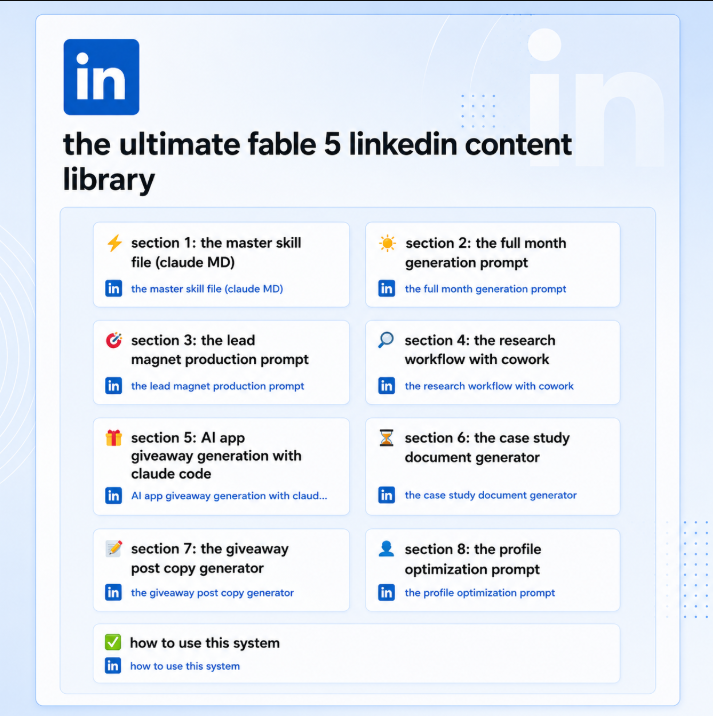 paolo_scales's tweet photo. the ULTIMATE fable 5 linkedin content library is here…

our AI prompting workflow for generating 1 month of linkedin posts, articles, and giveaways UNDER 1 hour

including the:
- cowork research layer
- AI app giveaway variant
- master skill file + claude md

and everything else we used to engineer results like:

- 200 calls in 2 weeks
- $36k MRR added in 4 months
- 2.8M+ linkedin impressions in 26 days

like + comments “FABLE” and I’ll send it ALL to you

(must be following + RT for priority access)
