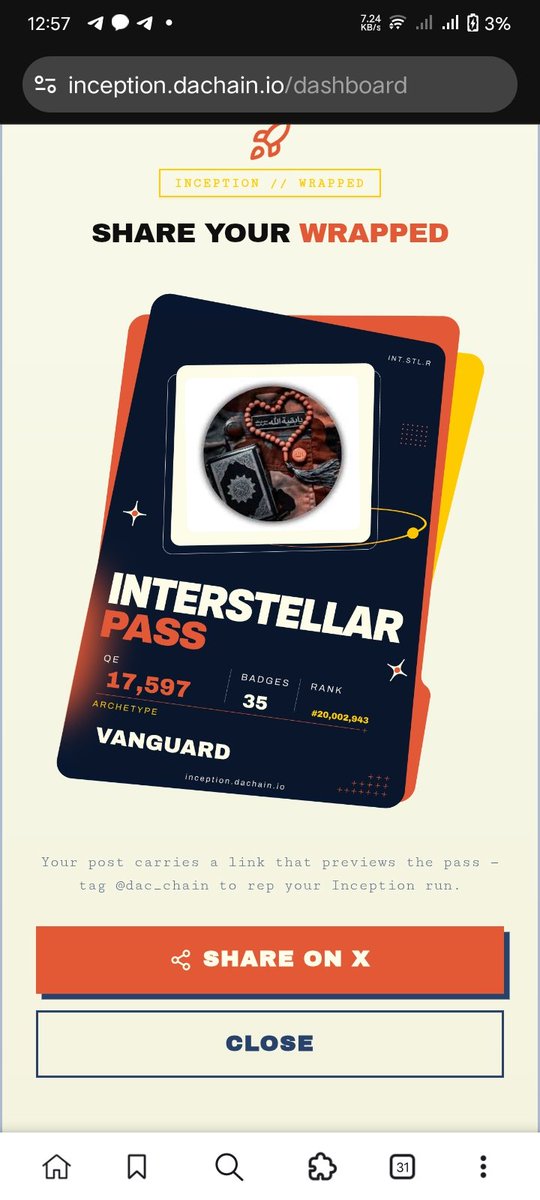 OKX707's tweet photo. My @dac_chain Inception Wrapped 🚀

⚡ 17,597 QE
🏆 Rank #20,002,943 (VANGUARD)
🥇 35 badges
🎰 THE GAMBLER
 https://t.co/JufO3LEyRm https://t.co/c0zpEth6hQ