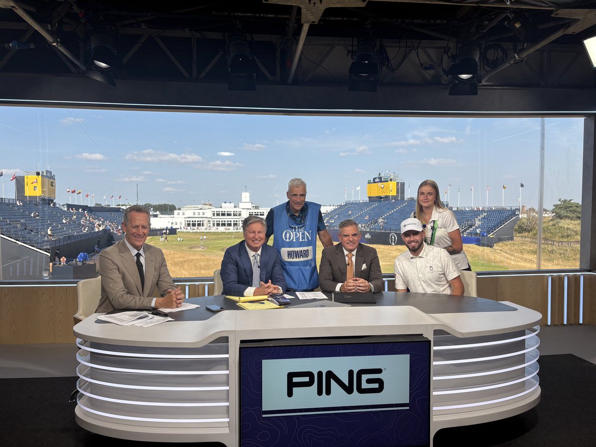 RichLernerGC's tweet photo. On set at Royal Birkdale with inspiring Irish amateur David Howard, seated to Paul's left. Dad John and girlfriend Gabby also a part of his journey. Battling cystic fibrosis and playing The Open.

#nolimits #golf https://t.co/Fy3xGQ4yzL