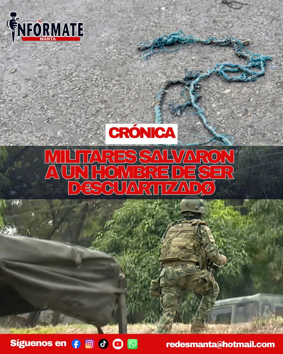 InformateManta's tweet photo. #ATENCIÓN 🪖|| Los gr¡tos y súpl¡cas de un hombre que iba a ser ases¡nadø, fueron escuchados por un grupo de militares que patrullaban en el noroeste de #Guayaquil  lo que permitió su rescate de una vivienda abandonada.
#Noticias
https://t.co/oeVjZZmMfN https://t.co/BcZa0SdC8y