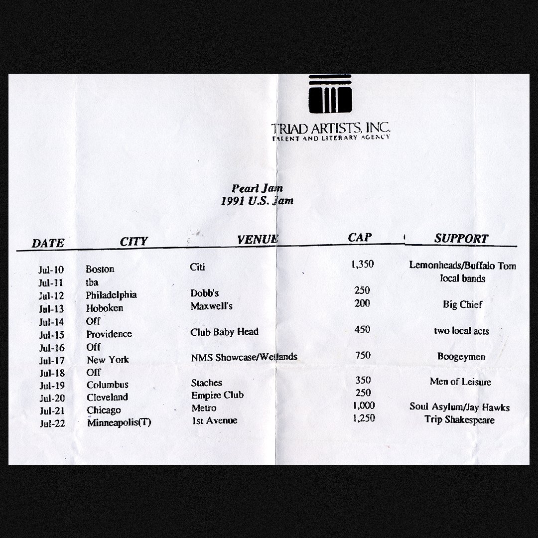 PearlJam's tweet photo. 35 years ago, the band took an east coast and midwest jaunt marking their first tour under the name Pearl Jam! Days prior to leaving, their first single “Alive” was released with B Sides “Once” and “Wash.” Over the 12-day trip, they played legendary clubs like Boston’s Citi Club, Philly’s JC Dobbs, Providence’s Club Babyhead, NYC’s Wetlands Preserve, Chicago’s Cabaret Metro, Minneapolis's First Ave and more. 

📸: Kevin Shuss Archives, Tim O’Hara, Steve Eichner

#PearlJam35