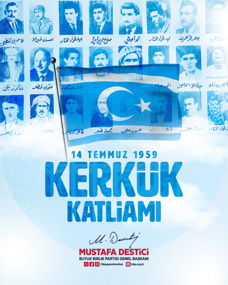 Mustafa_Destici's tweet photo. 14 Temmuz 1959 Kerkük Katliamı'nın yıl dönümünde, insanlık tarihine kara bir leke olarak geçen bu vahşette şehit edilen bütün Türkmen kardeşlerimizi rahmet, minnet ve dualarla yâd ediyorum.
14 Temmuz 1959'da Kerkük'te yalnızca Türkmen kardeşlerimiz değil, kadim bir milletin hafızası, kimliği ve Türk varlığı hedef alınmıştır. Sırf Türk ve Türkmen oldukları için hunharca katledilen soydaşlarımızın acısı, aradan geçen yıllara rağmen hâlâ yüreğimizde ilk günkü tazeliğini korumaktadır.
Ne yazık ki Türkmeneli üzerinde oynanan hesaplar ve Türkmen kardeşlerimizin maruz bırakıldığı baskılar dün olduğu gibi bugün de farklı yöntemlerle devam etmektedir. Ancak bilinmelidir ki Türkmen davası sahipsiz değildir. Türkiye'nin ve aziz Türk milletinin gönlü de duası da her zaman Türkmen kardeşleriyle beraberdir.
Büyük Birlik Partisi olarak,Türkmenlerin siyasi temsil hakkının, güvenliğinin, kültürel kimliğinin ve ana dil başta olmak üzere bütün temel haklarının korunmasını; Türkmen kardeşlerimizin tarihî ve meşru haklarının teslim edilmesini savunmaya kararlılıkla devam edeceğiz.
Kerkük, asırlardır Türk-İslam medeniyetinin en önemli merkezlerinden biridir. Bu tarihî hakikat hiçbir baskıyla, hiçbir zulümle ve hiçbir oldubittiyle değiştirilemez.
Bu duygu ve düşüncelerle, 14 Temmuz Kerkük Katliamı'nda şehit edilen bütün soydaşlarımızı bir kez daha rahmetle anıyorum. Ruhları şâd, mekanları cennet olsun. Türkmeneli'nin dört bir yanında varlık mücadelesi veren kardeşlerimize selam, muhabbet ve dayanışma duygularımızı iletiyorum.

Kerkük 🇹🇷Türk'tür, Türk kalacaktır.