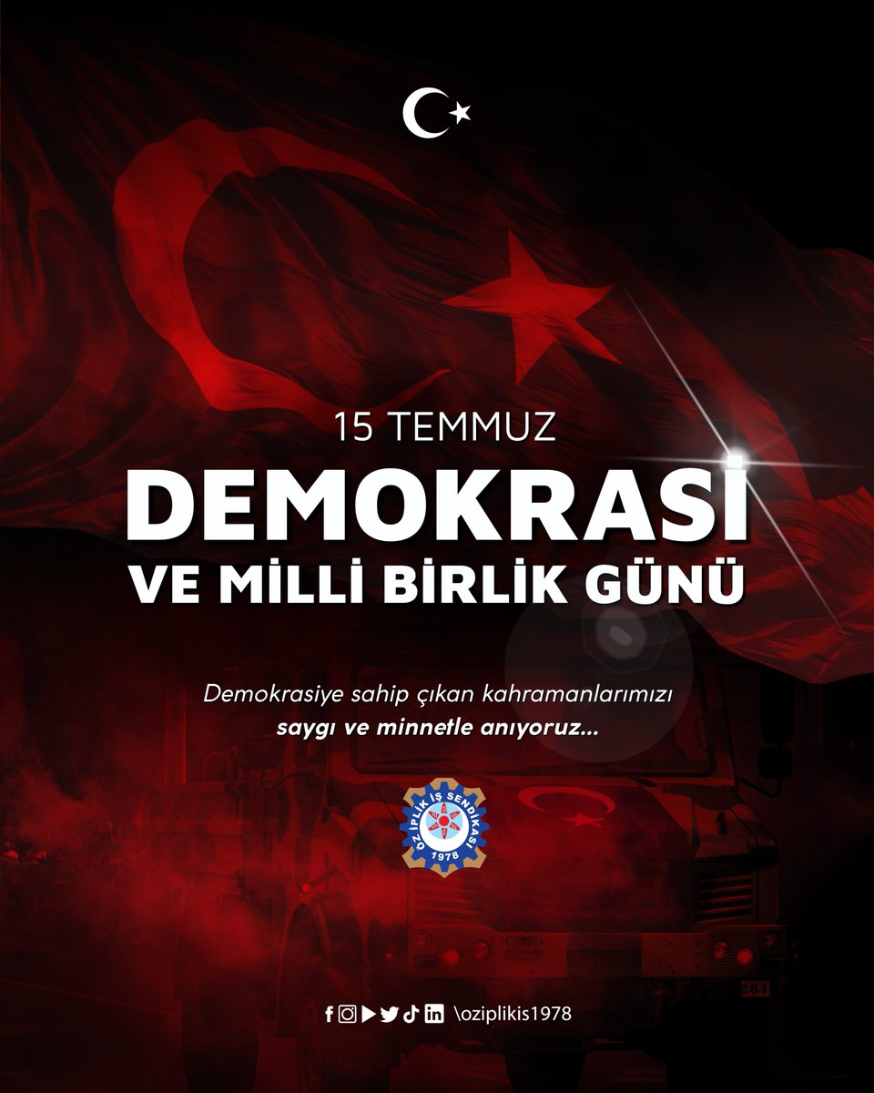 oziplikis1978's tweet photo. 15 TEMMUZ DEMOKRASİ VE MİLLİ BİRLİK GÜNÜ

15 Temmuz 2016 gecesi aziz milletimiz demokrasisine, bağımsızlığına ve geleceğine sahip çıkarak tarihimizin en önemli destanlarından birini yazmıştır.

Milletimizin iradesine ve devletimizin bekasına kasteden hain darbe girişimi, halkımızın cesareti, kararlılığı ve birlik ruhuyla bertaraf edilmiştir.

Öz İplik İş Sendikası olarak, demokrasinin, hukukun, millî iradenin ve milletimizin birliğinin daima yanında olduğumuzu bir kez daha vurguluyoruz. 15 Temmuz Demokrasi ve Millî Birlik G��nü'nde vatanı uğruna canlarını feda eden tüm şehitlerimizi rahmet ve minnetle, kahraman gazilerimizi şükranla anıyoruz.