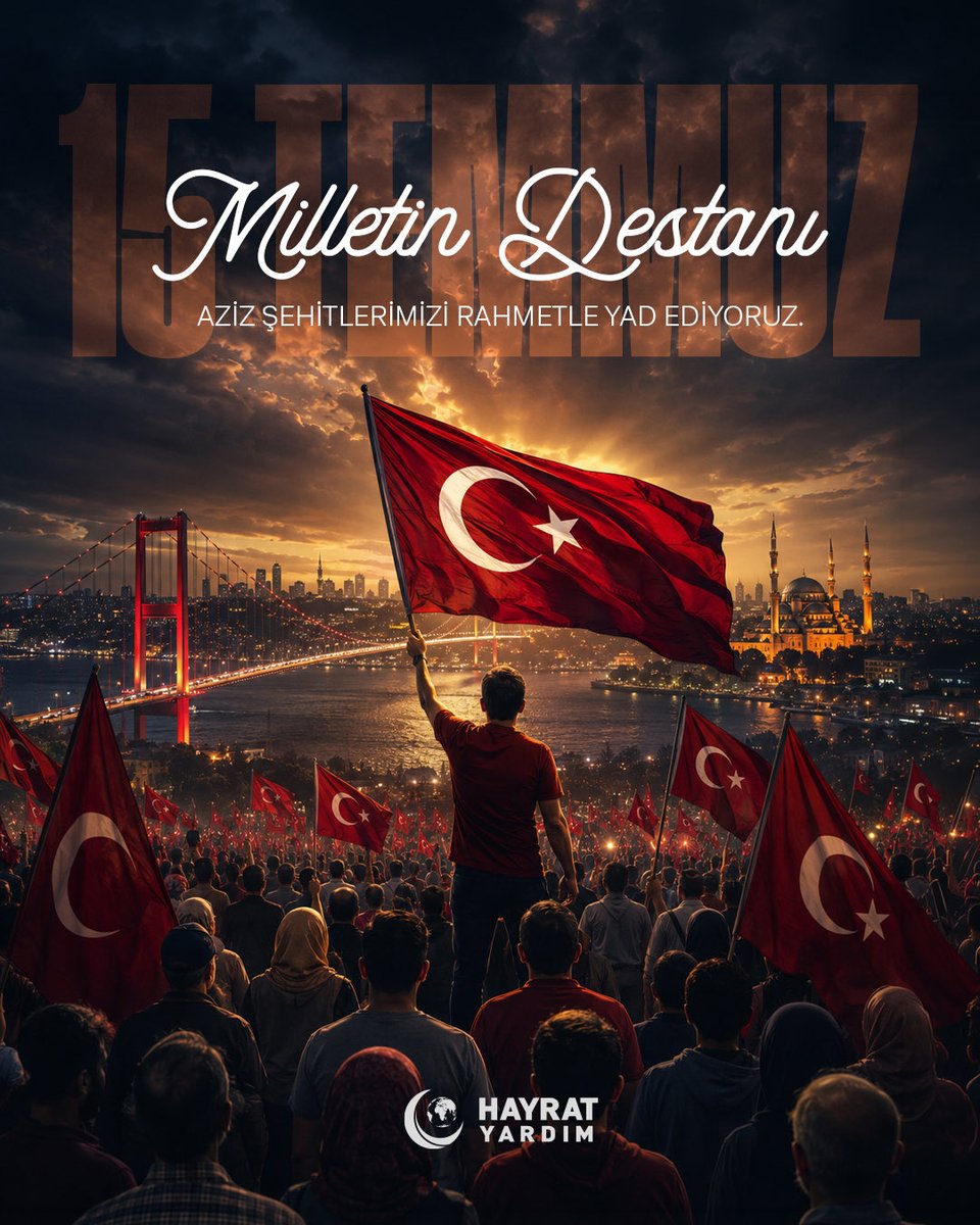 hayratyardim's tweet photo. 10 yıl önce, tam da bu saatlerde...

Milletimiz, vatanına, bayrağına ve iradesine sahip çıkmak için sokaklara döküldü. Meydanları dolduran milyonlar; cesareti, fedakârlığı ve inancıyla tarihe unutulmayacak bir destan yazdı.

O gece, nice ocaklara ateş düştü. Nice yiğit, bu toprakların istiklali ve istikbali uğruna canını feda etti. Geride ise milletimizin hafızasına kazınan bir kahramanlık mirası kaldı.

15 Temmuz'un 10. yıl dönümünde, aziz şehitlerimizi rahmet ve minnetle, kahraman gazilerimizi ise şükranla yâd ediyoruz.

Rabbimiz, ülkemizin birlik ve beraberliğini daim eylesin. Devletimizi ve milletimizi her türlü fitne ve musibetten muhafaza eylesin.