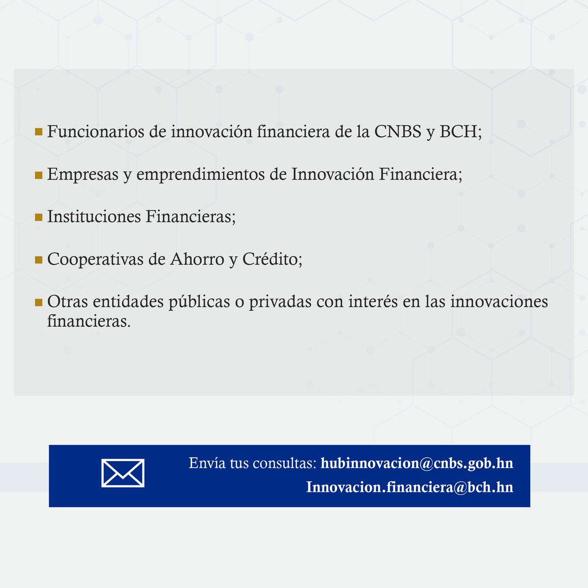 cnbshonduras's tweet photo. La Mesa de Innovación Financiera reúne a diversos actores para impulsar el diálogo y la colaboración en el sector.
📩 Para consultas: hubinnovacion@cnbs.gob.hn
#CNBS #MesaDeInnovaciónFinanciera #Innovación #Honduras https://t.co/r6OebvBj3F