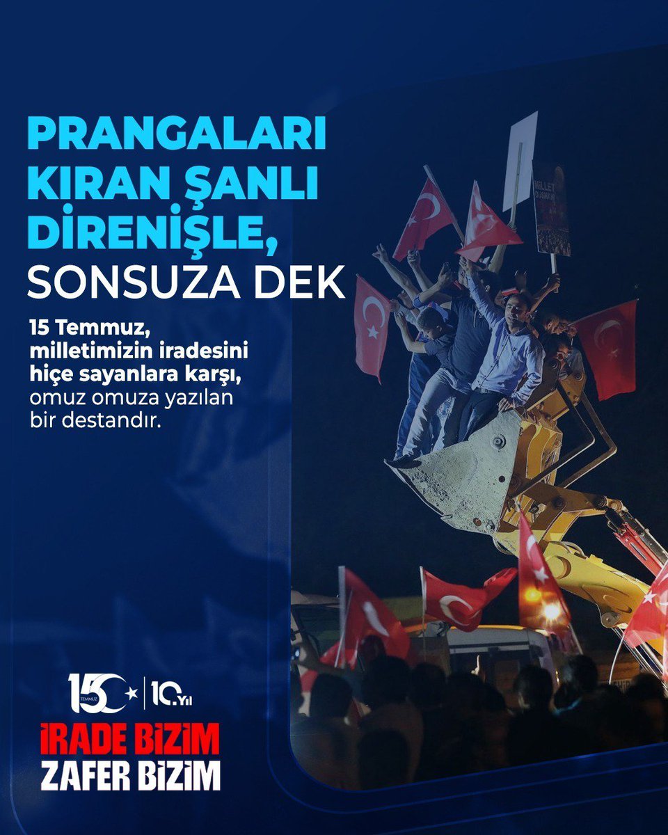 Turan575283's tweet photo. 15 Temmuz, milletimizin iradesini hiçe sayanlara karşı, omuz omuza yazılan bir destandır. 

"İrade Bizim Zafer Bizim" şiarıyla tek yürek, tek bilek olup geleceğimize sahip çıktık.

Prangaları kıran şanlı direnişle, sonsuza dek #ZaferBizim https://t.co/PXJew29YTS