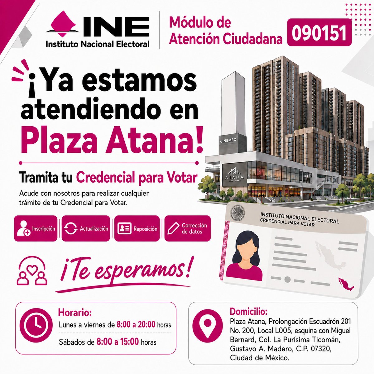 INECDMX's tweet photo. ¡Atención!
El Módulo de Atención Ciudadana 090151 tiene nueva ubicación.
📍Prolongación Escuadrón 201 No. 200, Plaza Atana, Local L005.
Lunes a viernes: 8:00 a 20:00 h
Sábados: 8:00 a 15:00 h
🪪 Agenda tu cita:
https://t.co/JcuR5qobQE
#INECDMX #CredencialParaVotar #TrámitesINE https://t.co/76lhUfwcuu