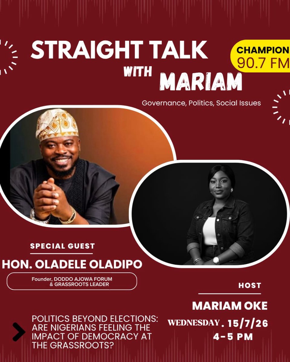 doddo27's tweet photo. Join me for a special live session this WEDNESDAY at 4pm- 5pm . We’ll be gathering to discuss. “politics beyond election: Are Nigeria feeling the impact of democracy at the grassroots?”. I’m looking forward to a meaningful, honorable conversation with you all. Stay tuned guys ! https://t.co/ZrLcfSMyXN