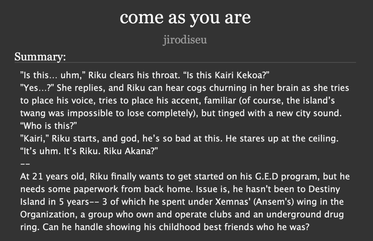 jirodiseu's tweet photo. come as you are (eventual SoRiKai) - chapter 1/~15
Sober!Riku AU. While the tags seem super dark, I promise its actually super cute, slow burn childhood friends-to-lovers polyam fluff 
work count (for ch1): ~2.5K
link: https://t.co/ojPmgJ02BA https://t.co/jjYQE6naGZ