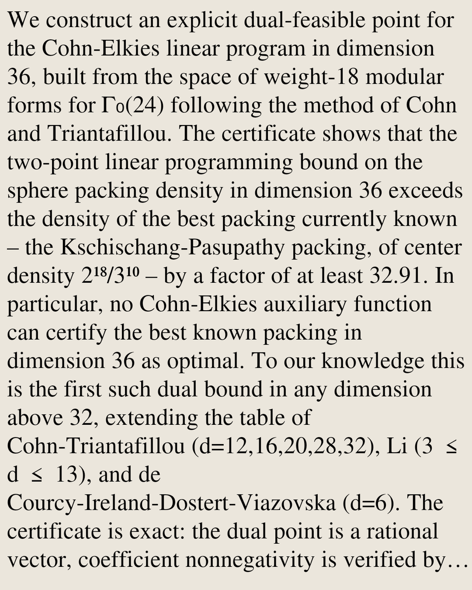 MetricGeometry's tweet photo. A dual linear programming bound for sphere packing in dimension 36

Rifat Jumagulov
https://t.co/hW7LGN5XfA [𝚖𝚊𝚝𝚑.𝙼𝙶 𝚖𝚊𝚝𝚑.𝙽𝚃] https://t.co/jqVJYXsgfh