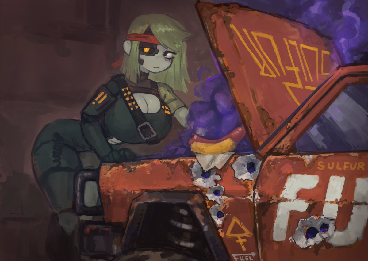 Zer0FrostArt's tweet photo. SULFUR x FUMES has bundled up!

Here is little painting I've made of Telia working on FUMES car! https://t.co/tsqPufr7w0