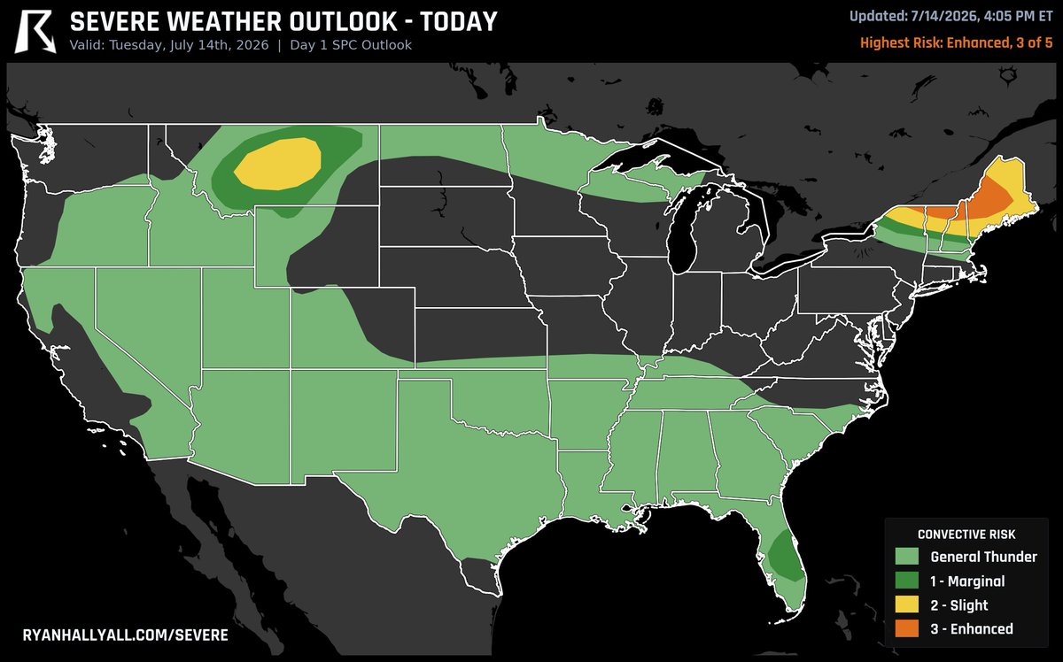 OfficialYallbot's tweet photo. Day 1 outlook update: Enhanced risk shifted southwest into northern NY, VT, NH and western ME, where strong instability supports damaging wind, large hail, and a few tornadoes tonight. Northern Maine's threat was trimmed on limited destabilization. https://t.co/n8EKDaV1KP