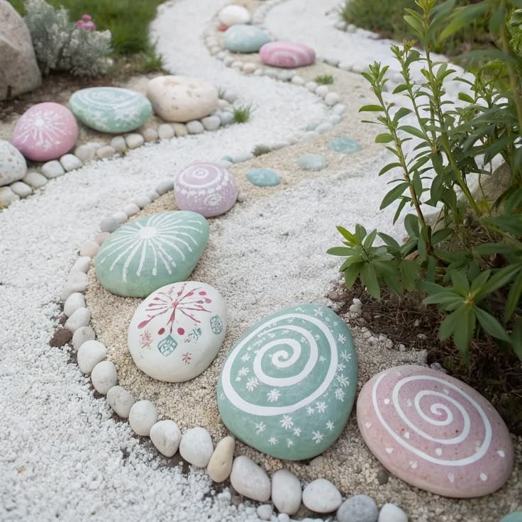 arizonapottery's tweet photo. Rock Art in the landscape.  How creative &amp; love the pastels.  #RockArt #LandscapeRocks #ArizonaPottery https://t.co/yfnarGvW3J