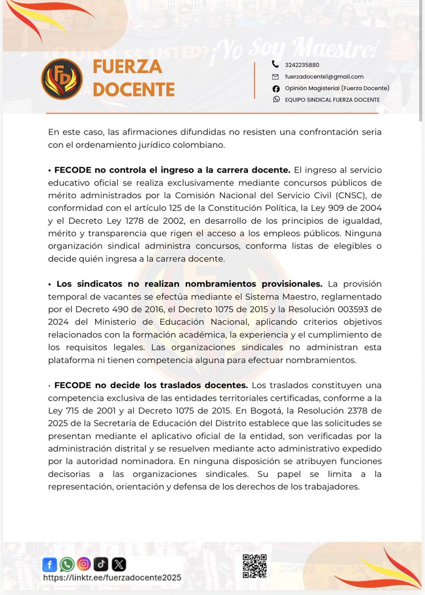 CharlyMunevar's tweet photo. ¿Hasta dónde puede llegar la desinformación cuando se habla de educación pública?

Desde @FuerzaDocente publicamos un pronunciamiento en el que desmontamos, con la Constitución, la ley y la jurisprudencia, varias afirmaciones difundidas por el representante Daniel Briceño en @LaKalle sobre FECODE, la carrera docente y el magisterio colombiano.

No basta con opinar. Cuando un medio presenta como hechos afirmaciones que contradicen el ordenamiento jurídico, afecta el derecho de la ciudadanía a recibir información veraz e imparcial y alimenta la estigmatización contra miles de maestras y maestros. PRONUNCIAMIENTO PÚBLICO FRENTE A LAS AFIRMACIONES DIFUNDIDAS.pdf

En nuestro pronunciamiento demostramos que:

📌 FECODE no decide quién entra al magisterio.
📌 Los sindicatos no hacen nombramientos provisionales.
📌 FECODE no decide los traslados docentes.
📌 Los docentes oficiales sí son evaluados.
📌 No existe evidencia que permita responsabilizar a FECODE de los problemas estructurales de la educación pública. PRONUNCIAMIENTO PÚBLICO FRENTE A LAS AFIRMACIONES DIFUNDIDAS.pdf

Exigimos un espacio de réplica y un debate serio, sustentado en hechos, evidencia y respeto por la educación pública.

La crítica es legítima. La desinformación no.

@fecode @cutcolombia @MafeCarrascal 

📄 Compartimos el pronunciamiento completo.

#EducaciónPública #FECODE #Magisterio #PeriodismoResponsable #FuerzaDocente #DerechoALaInformación
