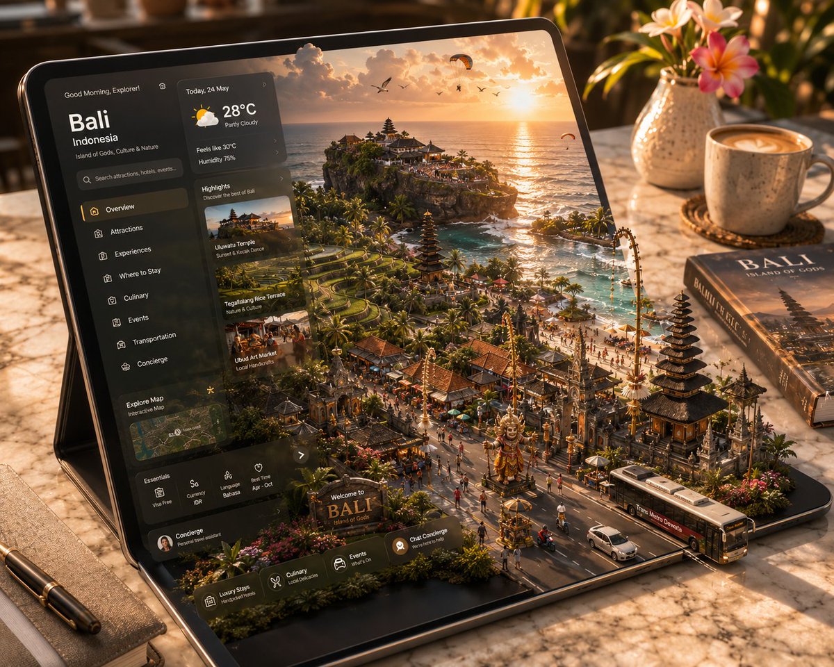 rhodezio_ai's tweet photo. Create an ultra-premium 4D hyper-realistic optical illusion scene featuring a sleek modern tablet (TAB) resting on a luxurious polished marble desk. The tablet screen displays a premium interactive travel exploration interface for **[Jakarta / Bali / Yogyakarta]**, with elegant typography, live weather, city highlights, interactive maps, cultural events, luxury hotels, culinary recommendations, transportation info, and concierge services.

The digital world appears to burst out of the tablet screen into an incredibly immersive 4D miniature diorama that physically extends beyond the display, overflowing onto the tabletop with stunning depth and realism. The transition between the UI and the physical miniature city is completely seamless, creating the illusion that the destination is emerging from inside the tablet.

The miniature landscape must faithfully represent the chosen destination:

- **Jakarta:** Monas, Bundaran HI, MRT Jakarta, Gelora Bung Karno Stadium, Kota Tua, Masjid Istiqlal, Jakarta Cathedral, National Museum, SCBD skyline, Sudirman skyscrapers, TransJakarta buses, elevated toll roads, Batavia architecture, bustling markets, rivers, tropical trees, bougainvillea, birds, butterflies, and tiny realistic people.
- **Bali:** Tanah Lot, Uluwatu Temple, Besakih Temple, Jatiluwih Rice Terraces, Tegallalang, Mount Agung, traditional Balinese villages, tropical beaches, luxury resorts, beach clubs, palm trees, frangipani flowers, Balinese dancers, Barong performers, surfers, fishing boats, birds, butterflies, and lush tropical vegetation.
- **Yogyakarta:** Malioboro Street, Tugu Yogyakarta, Keraton Yogyakarta, Taman Sari Water Castle, Prambanan Temple, nearby Borobudur, traditional Javanese houses, horse-drawn carriages (andong), batik markets, becak, gamelan performers, lush rice fields, volcano views of Mount Merapi, tropical gardens, birds, butterflies, and vibrant local street life.

Add subtle animated environmental effects to enhance the 4D illusion: moving vehicles or trains where appropriate, gently swaying trees, flying birds, butterflies, drifting clouds, flowing rivers or ocean waves (if applicable), atmospheric haze, realistic reflections, and warm golden sunlight casting cinematic shadows across the entire miniature world.

Surround the tablet with elegant desk accessories such as a ceramic coffee cup, premium hardcover travel book, minimalist stationery, and a small tropical plant. Keep the tablet bezels ultra-clean with realistic glass reflections and premium aluminum edges.

Luxury editorial aesthetic, cinematic warm natural lighting, physically accurate materials, ultra-photorealistic textures, shallow depth of field, Unreal Engine 5.6 quality, Octane Render, ray tracing, global illumination, HDR, Dolby Vision, 8K, masterpiece, hyper-detailed, premium travel campaign, impossible 4D optical illusion, realistic scale miniature, no text outside the tablet interface, no watermark.