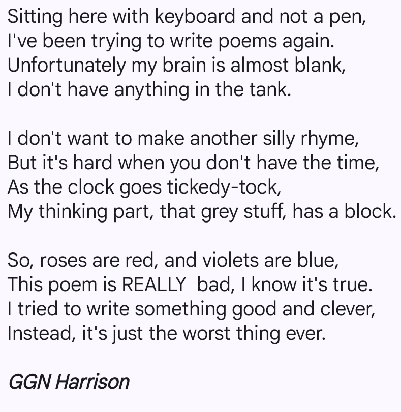 gharrisonauthor's tweet photo. Wrote a silly poem... just because... 🤣

#writingcommunity #poetry #silly https://t.co/fRCdRL8hzu