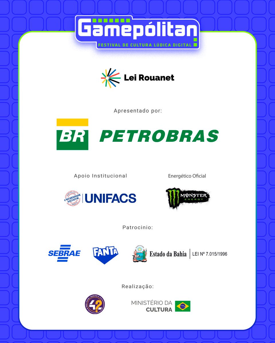 Gamepolitan's tweet photo. ✨INSCRIÇÕES LIBERADAS!
Acesse: https://t.co/aMqDJmUFqf
Obs: é necessário estar cadastrado no site para realizar a inscrição!

Patrocínio: Petrobras https://t.co/3YVVA8DFy7