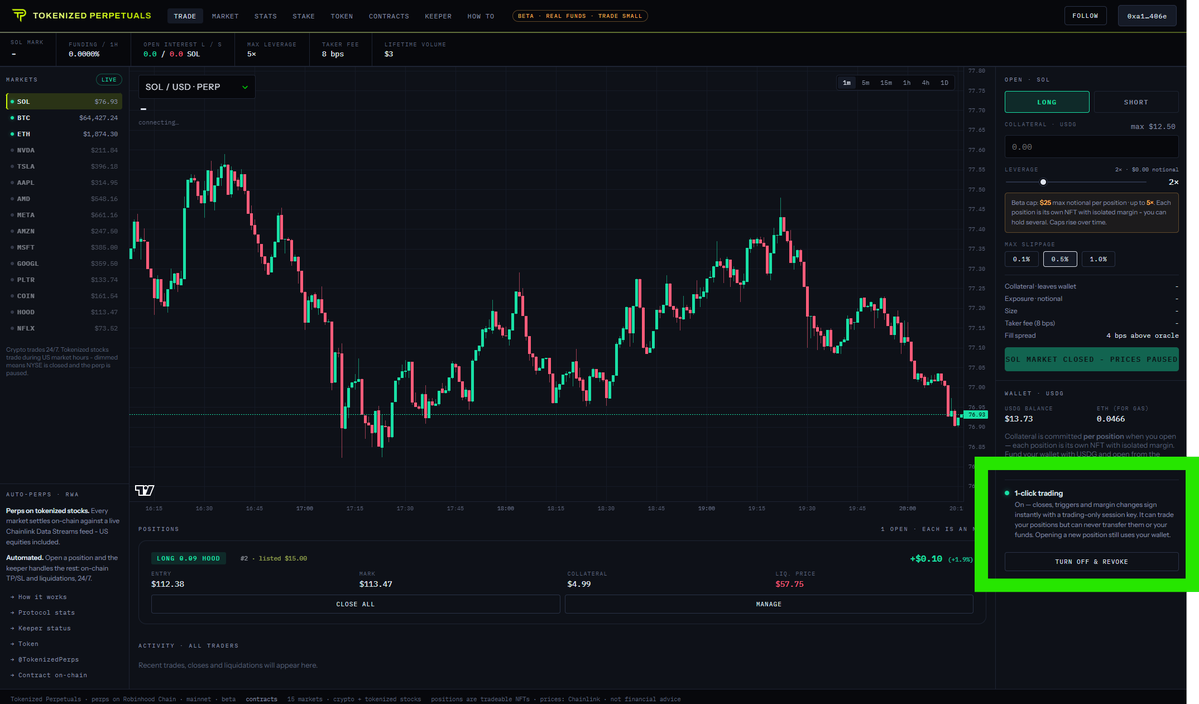 TokenizedPerps's tweet photo. Enable 1-Click Trading in Tokenized Perpetuals platform.

$TP on @RobinhoodApp 

0x9e6BaCa1135e6911E808c2eb6099289d95BcFFFF

 https://t.co/ajpUynBmE9

One approval authorizes a trading-only session key to manage your positions without a wallet popup. It can trade but never transfer your NFT — payouts always go to you.