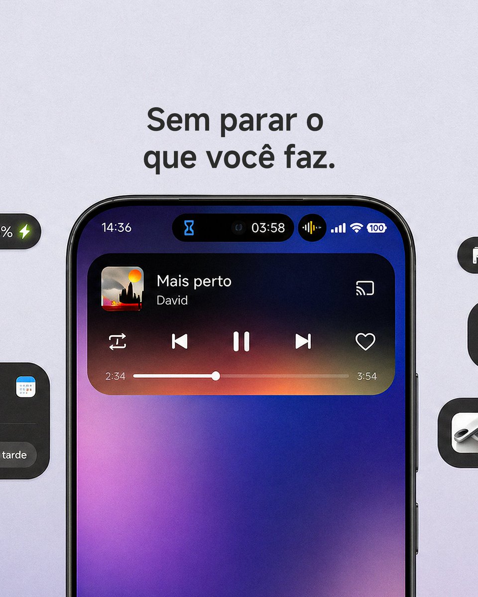 XiaomiBrasil's tweet photo. A melhor tecnologia não é a que aparece toda hora. É a que resolve antes de você procurar.

Com a Xiaomi HyperIsland, do HyperOS 3, entregas, ligações, música e lembretes ficam vivos no topo da tela, ocupando o mínimo de espaço e sem abrir nenhum aplicativo.

Tudo o que importa acompanhar, em um só lugar.

Xiaomi 17T, O Mestre da Telefotografia.

#Xiaomi17TnoBrasil