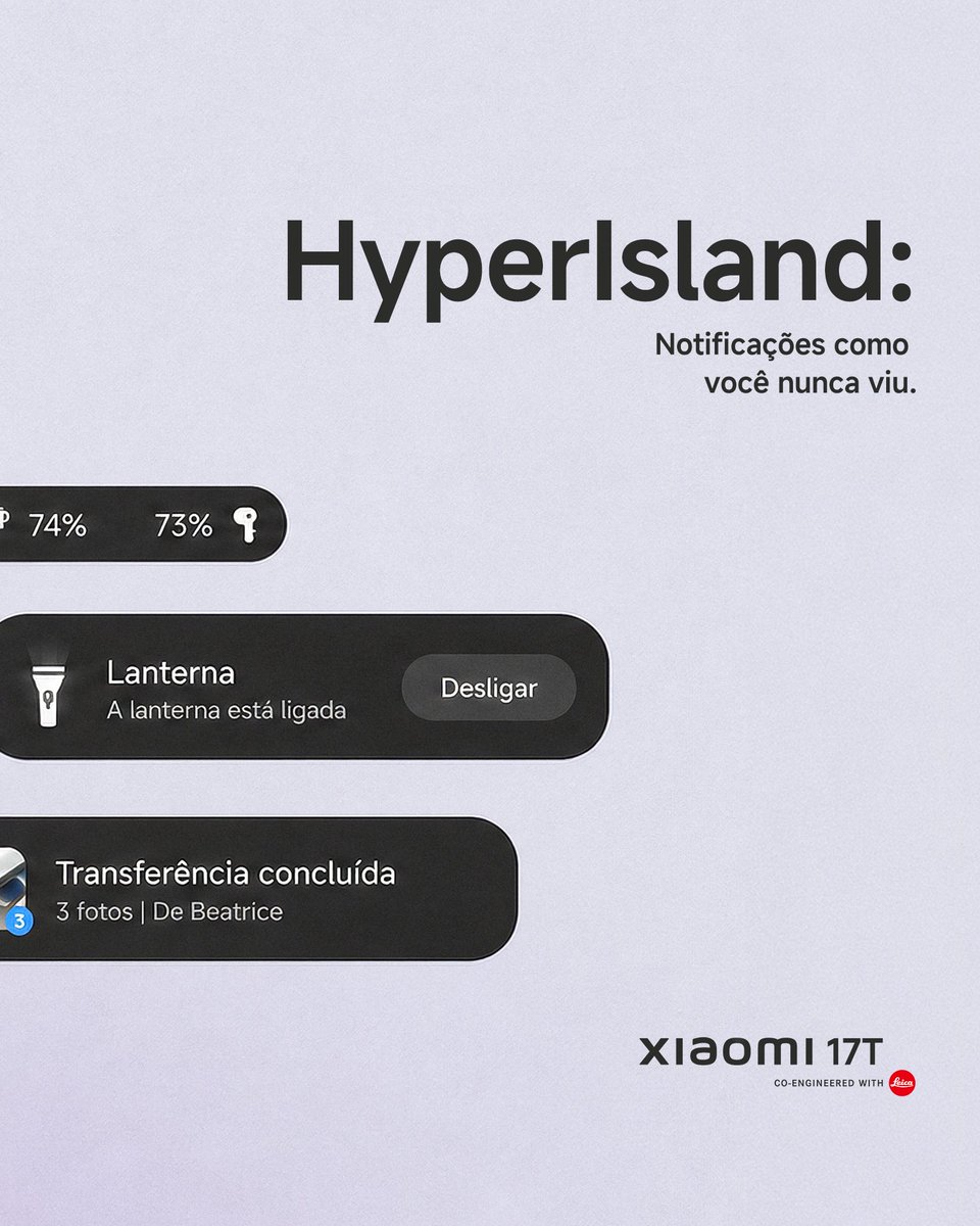 XiaomiBrasil's tweet photo. A melhor tecnologia não é a que aparece toda hora. É a que resolve antes de você procurar.

Com a Xiaomi HyperIsland, do HyperOS 3, entregas, ligações, música e lembretes ficam vivos no topo da tela, ocupando o mínimo de espaço e sem abrir nenhum aplicativo.

Tudo o que importa acompanhar, em um só lugar.

Xiaomi 17T, O Mestre da Telefotografia.

#Xiaomi17TnoBrasil