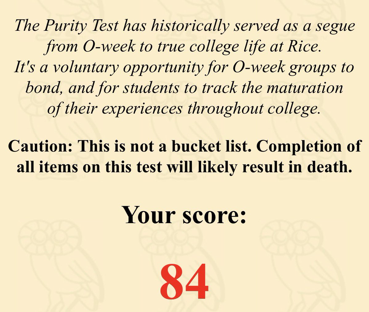 AriOf09's tweet photo. I got an 84 on the Rice Purity Test, is this because I’m still a virgin lol https://t.co/GBasFpySvN