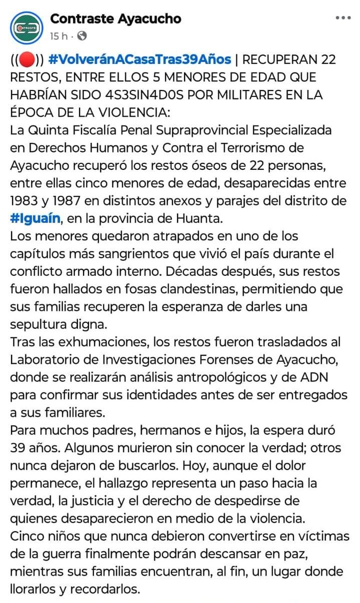 martinfiera's tweet photo. Ayer la fiscalía de DD HH de Ayacucho encontró los cuerpos de 22 personas, entre ellos 5 niños que fueron ejecutados por las FF.AA, por fin luego de 39 años sus familiares podrán darle Cristina sepultura.
Esto el fujimorismo y sus esbirroz pretenden ocultar, borrar la historia https://t.co/XqP5DtQ3ax