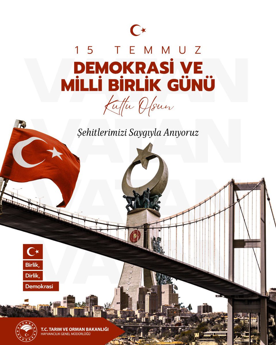 TR_HAYGEM's tweet photo. 15 Temmuz Demokrasi ve Millî Birlik Günü’nde; vatanı, bayrağı ve bağımsızlığı uğruna canlarını feda eden aziz şehitlerimizi rahmet ve minnetle, kahraman gazilerimizi şükranla anıyoruz.

Milletimizin iradesine sahip çıkarak yazdığı bu destansı mücadeleyi unutmayacak, birlik ve beraberlik ruhunu daima yaşatacağız.

15 Temmuz Demokrasi ve Millî Birlik Günü kutlu olsun. 🇹🇷

@TCTarim