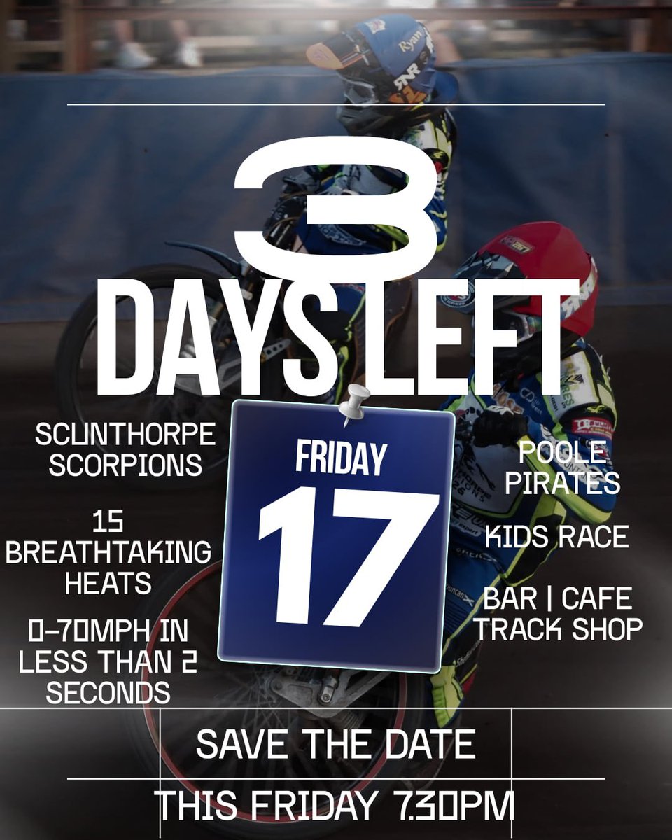 SpeedwayScunny's tweet photo. Scunthorpe 🦂 vs Poole 🏴‍☠️ 

School holidays have arrived and the weather is still looking good ☀️ 

FREE whistles for the first 50 kids
FREE admission for kids
FREE to enter kids race 
Plenty for the adults too!
15 heats between  🦂 and 🏴‍☠️ 
Bar/cafe/track shop
50/50 raffle 

See you all on Friday! 🏁

🎨 Dan Palmer