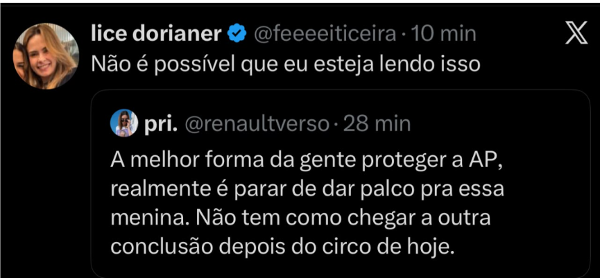 Isabely22's tweet photo. Sabe o que mais me surpreende, @renaultverso? É ver a sua aparente falta de preocupação com os inúmeros episódios de racismo praticados por uma parcela da torcida da Ana Paula.

Parece não importar que, por trás da tela onde muitos se sentem tão corajosos, exista um ser humano que há quase sete meses vem sendo alvo de discriminação, ataques e violência verbal simplesmente por existir. Mas, ao que parece, a maior preocupação é não "queimar" a imagem da favorita.

Acho que ainda não ficou claro: o que aconteceu hoje não foi um "circo". Foi a denúncia de condutas que, quando comprovadas, podem configurar crimes.

RACISMO E CRIME
Incentivar linchamento virtual pode configurar crime.
Utilizar imagens de terceiros para disseminar ódio e atacar pessoas também pode gerar responsabilização.

Tratar uma denúncia dessa gravidade como espetáculo demonstra uma preocupante falta de empatia com quem sofre esse tipo de violência.

Lamentável que, diante de uma situação tão séria, a sua reação tenha sido desqualificar a denúncia em vez de refletir sobre o problema. Isso diz muito sobre as prioridades de quem prefere minimizar a violência do que combatê-la.