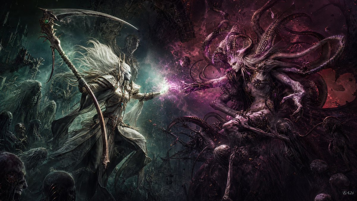 HairnetNation's tweet photo. Ynnead, the Eldar God of the Dead, battling Slaanesh in a cataclysmic war in Warhammer 40k. https://t.co/yeAOuaYQIG