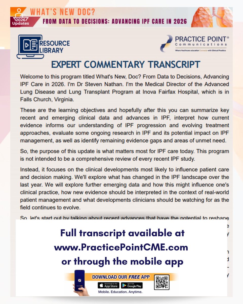 PracticePoint's tweet photo. Missed the activity? Want to revisit the key takeaways? Supplementary resources from Dr. Steven Nathan's What's New Doc? From Data to Decisions: Advancing IPF Care in 2026 are now available for download!

Access the following tools designed to reinforce learning and support everyday clinical practice:
📌 Clinical Snippet Highlights: Concise one-page summaries of key IPF studies featured in the activity, with quick, actionable insights for clinical decision-making.

📝 Expert Commentary Transcript: A full transcript of the podcast/video for those who prefer text-based review or need an offline reference.

📊 Downloadable Slides: A PDF of the full presentation, including data visuals, algorithms, and expert insights - ideal for review, teaching, or clinical discussions.

Click the link to access these resources today! 👇
https://t.co/VJX3KVbt1F 

#idiopathicpulmonaryfibrosis #pulmonologyeducation #continuingmedicaleducation #practicepointcme
