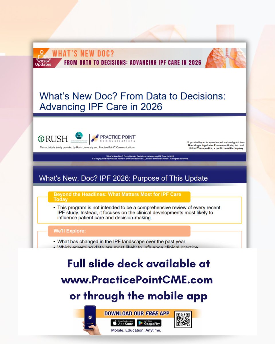 PracticePoint's tweet photo. Missed the activity? Want to revisit the key takeaways? Supplementary resources from Dr. Steven Nathan's What's New Doc? From Data to Decisions: Advancing IPF Care in 2026 are now available for download!

Access the following tools designed to reinforce learning and support everyday clinical practice:
📌 Clinical Snippet Highlights: Concise one-page summaries of key IPF studies featured in the activity, with quick, actionable insights for clinical decision-making.

📝 Expert Commentary Transcript: A full transcript of the podcast/video for those who prefer text-based review or need an offline reference.

📊 Downloadable Slides: A PDF of the full presentation, including data visuals, algorithms, and expert insights - ideal for review, teaching, or clinical discussions.

Click the link to access these resources today! 👇
https://t.co/VJX3KVbt1F 

#idiopathicpulmonaryfibrosis #pulmonologyeducation #continuingmedicaleducation #practicepointcme