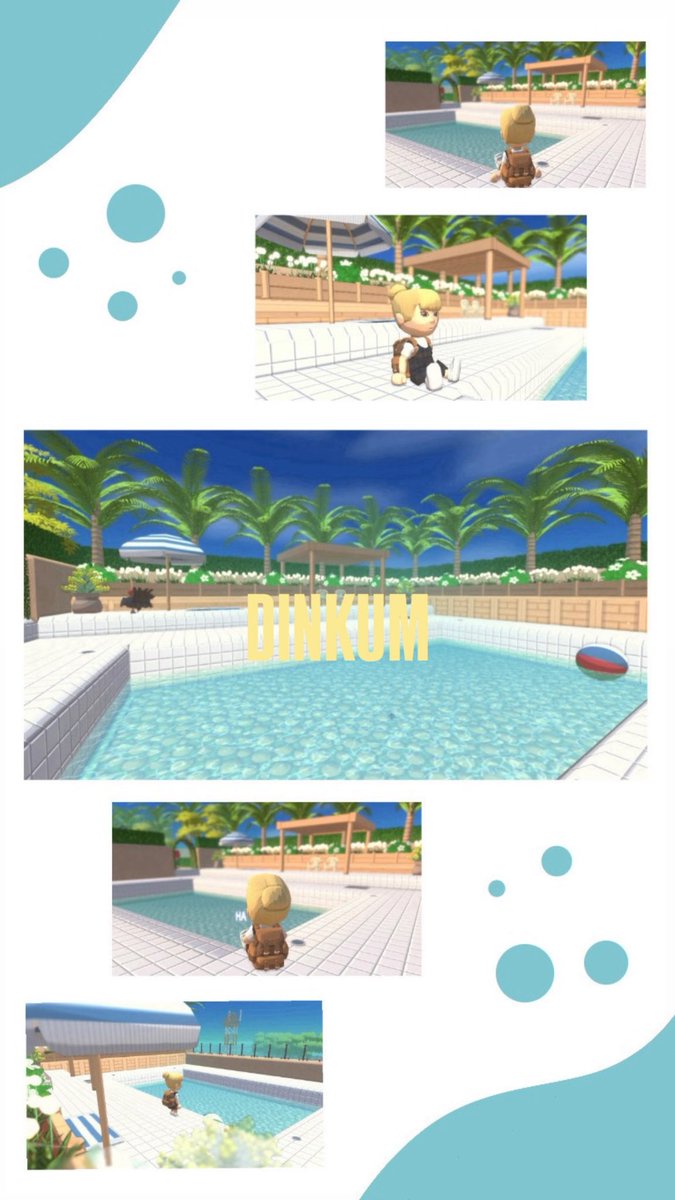 m_slow_game's tweet photo. プール完成〜🏖️

めっちゃ大満足🫶🏻
写真選べきれず今回はまとめてみた📸

プールの底は【真珠の道】を使いました！
個人的にプールや海の底とかに貼ったらめっっっちゃ可愛いタイルなんだと気づいちゃった🤭

パーゴラも半分だけ使いたかったので少し後ろめに💭

#ディンカム
#ディンカムまちづくり https://t.co/bE5Cfs5ok6