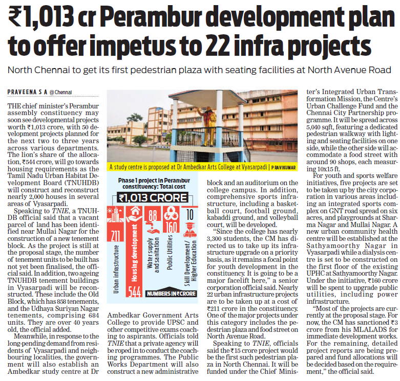 rajeshamlw's tweet photo. CM Constituency is reshaping?? Let's see how it materializes.
A ₹1,013-crore push for #Perambur — with 22 projects planned across housing, healthcare, education and public spaces.
✅₹544 cr: Nearly 2,000 TNUHDB homes
✅₹160 cr: Public utilities
✅₹211 cr: Urban infrastructure
✅₹88 cr: Water and sanitation
✅₹10 cr: Skills and higher education
North Chennai is also set to get its first pedestrian plaza at North Avenue Road, alongside new health centres, sports facilities and an Ambedkar Study Centre.
This could significantly reshape Perambur.