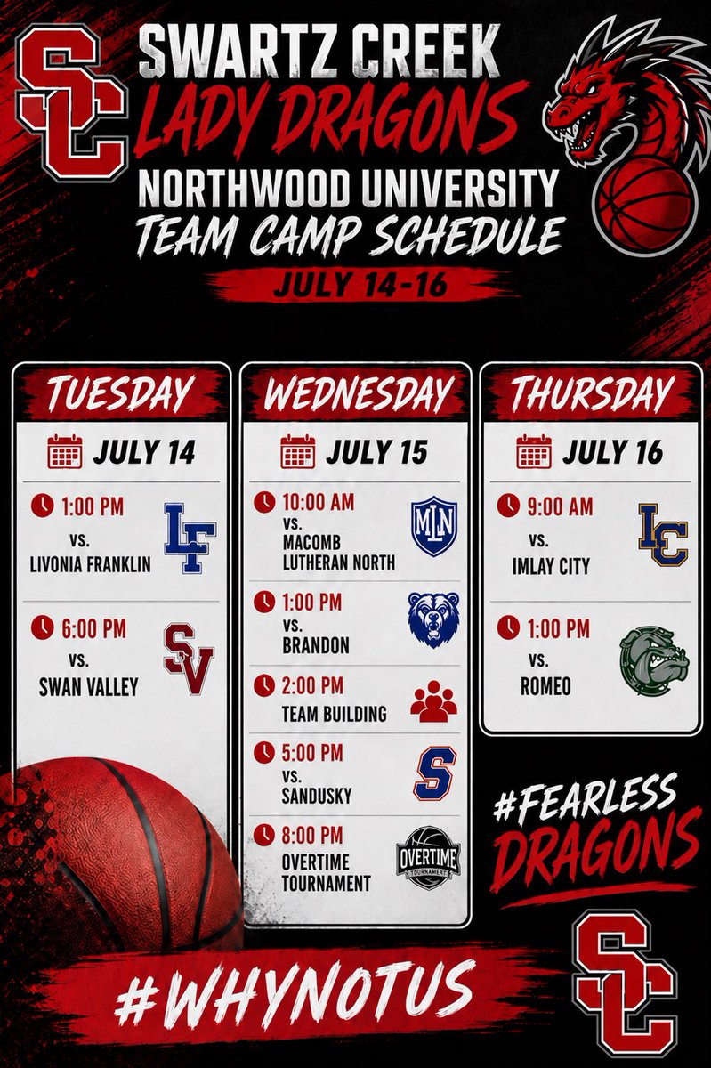 MadelinePier_30's tweet photo. Northwood team camp this week! My Swartz Creek team will be playing July 14th-16th at Northwood University. Our schedule is below!
@CoachEvanBell
@NorthwoodWBB
#whynotus https://t.co/bSbAOWdKRq