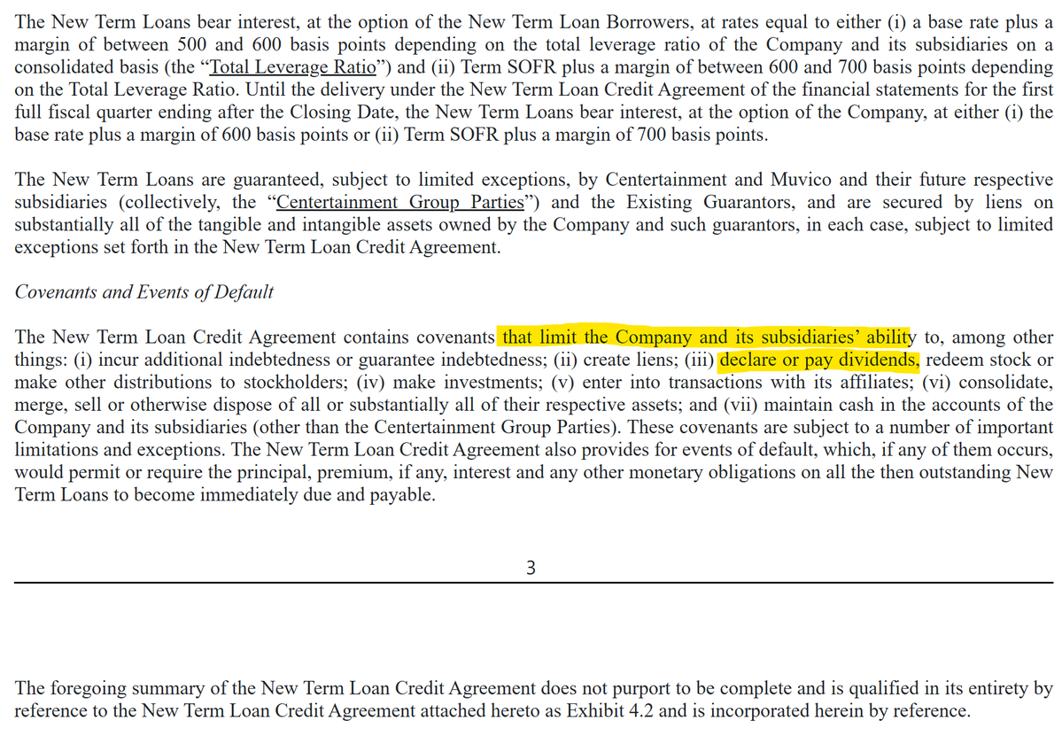 Tony_Denaro's tweet photo. The amount of people upset over basic due diligence on AMC’s filings is wild.
Per the company’s own debt documents, AMC is restricted from paying dividends until its leverage ratios improve. Management is focused on improving leverage and making capital investments with its cash and unused equity, not dividends. As they should be.
This isn’t poor management. It’s responsible management staying in-line with lender agreements. Read the filings. Facts over wishful thinking will keep you emotion free in your trading strategy. $AMC